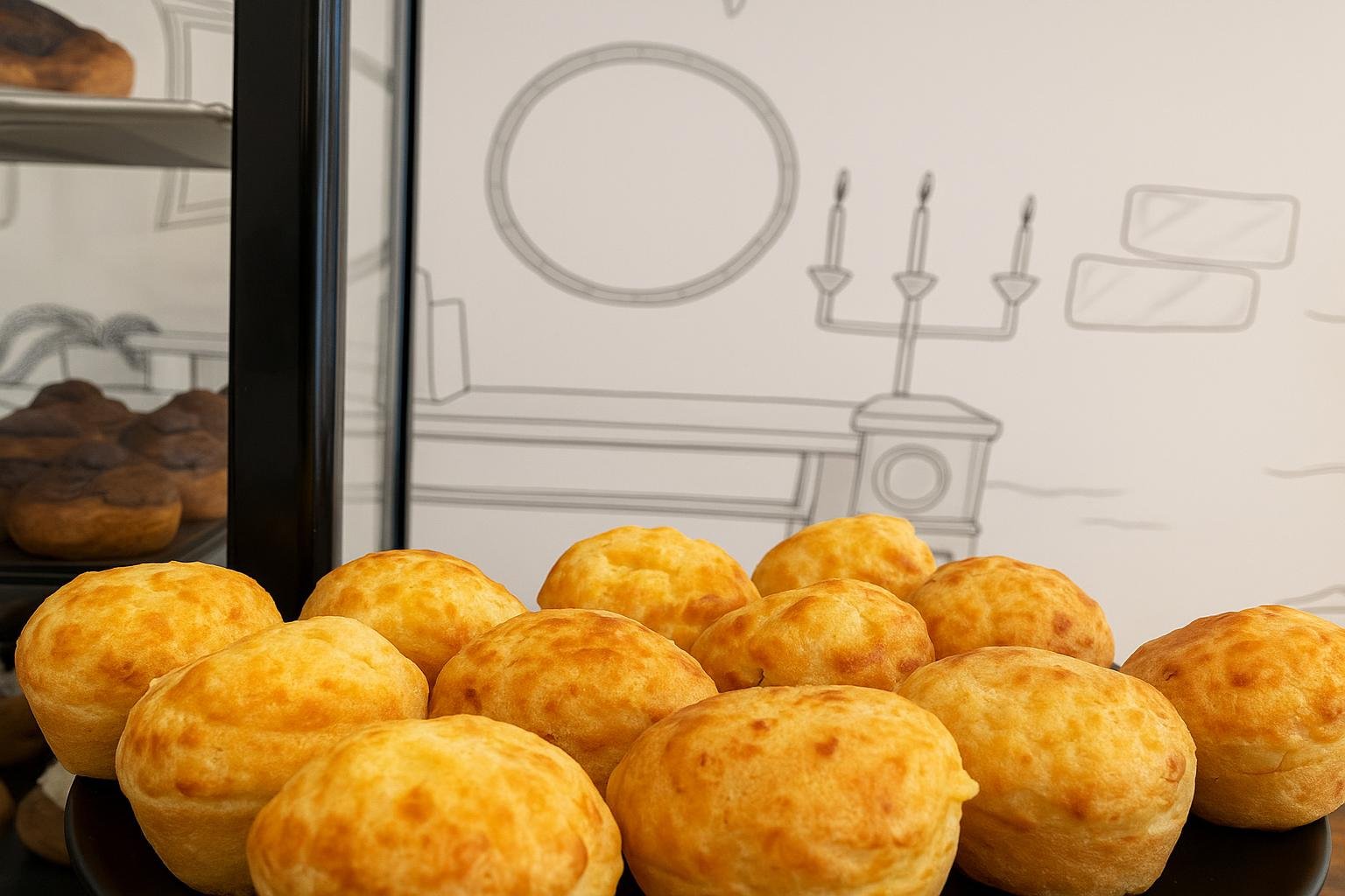 Fine black line illustration on a white wall — a sketched shelf, candlesticks and a circular frame — behind a case of pastries and cheese bread at First Chapter